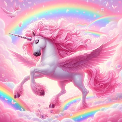 Pink fluffy unicorns dancing on rainbows