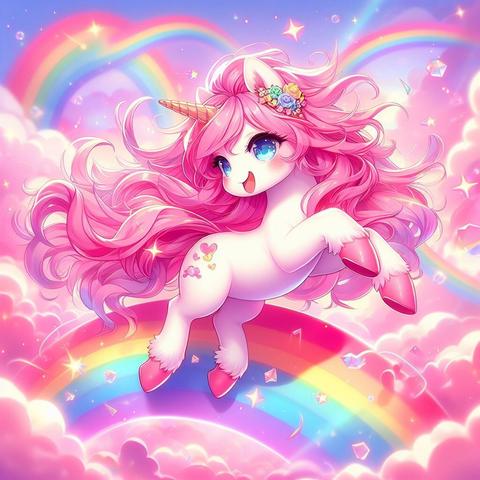 Pink fluffy unicorns dancing on rainbows