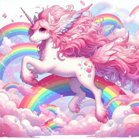 Pink fluffy unicorns dancing on rainbows