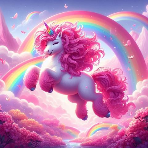 Pink fluffy unicorns dancing on rainbows