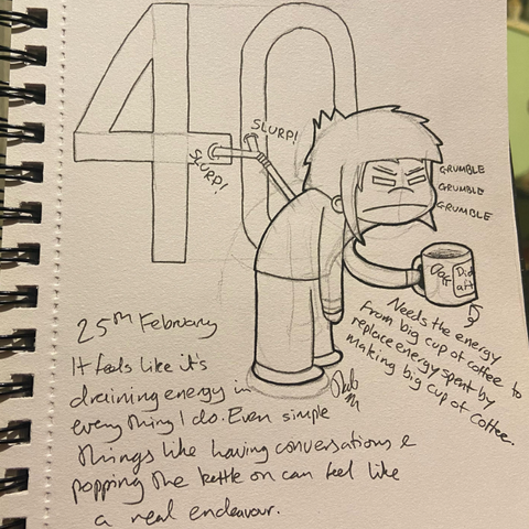 Drawing of Darlo feeling completely drained. He is drinking a big cup of coffee to replace the energy spent by making a big cup of coffee. The number forty is in the background with a straw, sucking Darlo's energy from him.
