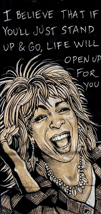 Black and white drawing of Tina Turner on a brown paper bag.