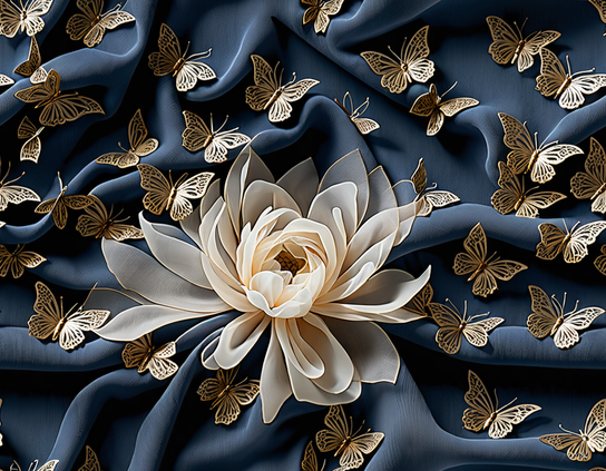 Navy blue fabric with a white flower and golden butterflies. Seamless repeating tile. Tile only.