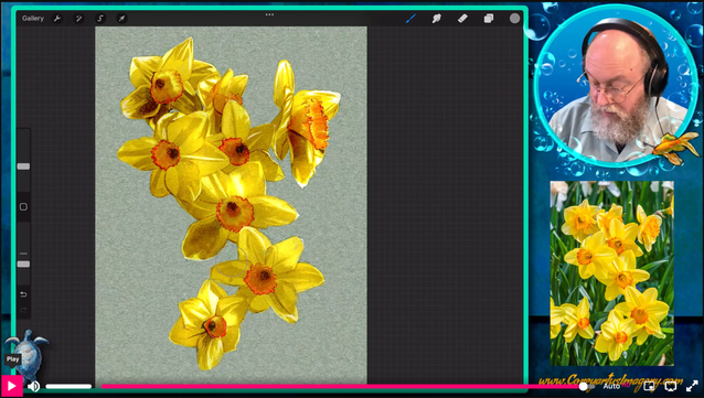 Screenshot of a Coreyartus Imagery livestream, with an iPad screen with Procreate on it on one side and a portrait of the artist and reference imagery on the other.