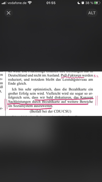 Auszug Seite 19687 … dass wir bald diskutieren, dad Konzept Sachleitungen durch Bezahlkarte auf weitere Bereiche im Sozialsystem auszuweiten. (Beifall bei der CDU/CSU)