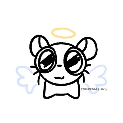 a redraw of a reaction image. a front view of a very simplified rat with huge watery eyes. the rat is softly smiling and has angel wings and a halo
