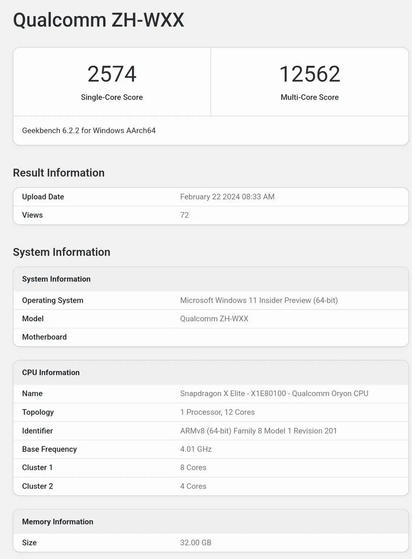 geekbench Qualcomm X Elite