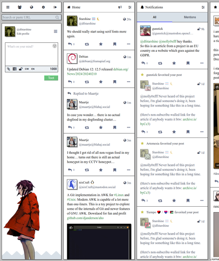 Screenshot of Mastodon with a (WIP) bright, vintage, high contrast theme with a serif font (Times New Roman).
