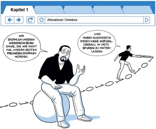 In einer Comiczeichnung spricht der Erzähler: „Wir erzählen unseren Webbrowsern Dinge, die wir nicht mal unseren besten Freunden erzählen würden.“ Im Hintergrund folgt eine weitere Person einem Pfad aus Einsen und Nullen, die er selber gerade zeichnet, und sagt: „Und haben gleichzeitig dieses vage Gefühl, überall im Netz Spuren zu hinterlassen.“