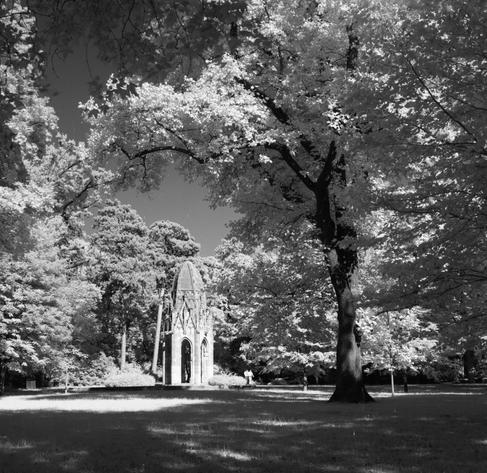 Black and white photograph of a gothic tower in Janko Kráľ Park.