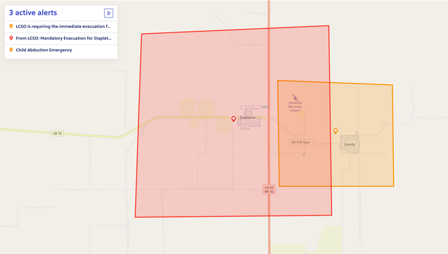 Areas where an evacuation warning/order went out for Nebraska, on a map