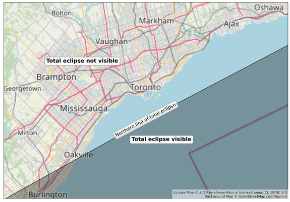 A map of Toronto which shows the path of the eclipse on April 8th 2024. The norther line of the total eclipse is just south of Toronto and the total eclipse is therefore not visible from Toronto.