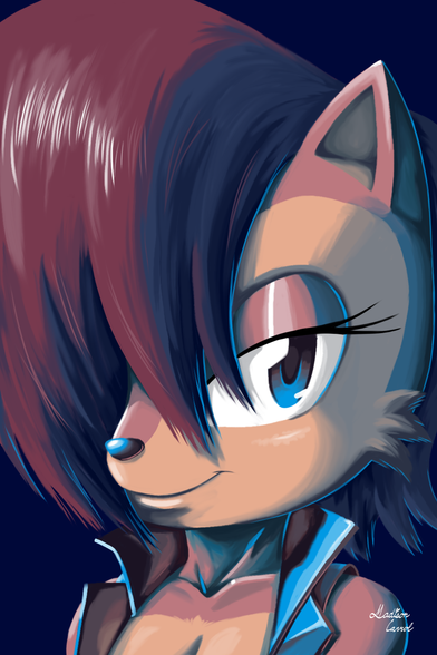 A portrait of Princess Sally from one of the 90s Sonic cartoons. This character is also known from Archie's Sonic the Hedgehog.

She is looking at the viewer and smiling, with one of her eyes covered by her hair.