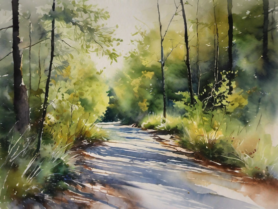A sun-dappled country road leading through a forest, with shadows and light creating a summer  vibe. Watercolor style.