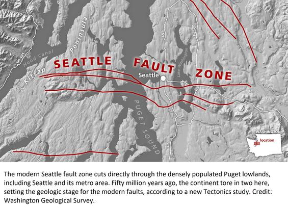 graphic / map - hillshade and annotations showing the Seattle Fault Zone, Puget Sound