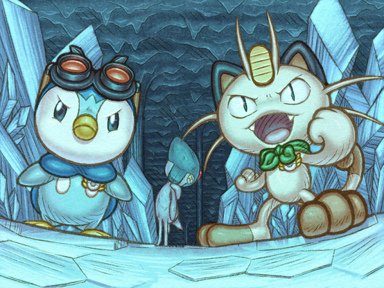 Digital artwork of a Piplup and a Meowth surrounded by large crystals in a cave as they face the viewer with upset looks on their faces, and an injured Azelf floats behind them holding onto its shoulder.