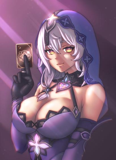 Digital fanart drawing of Black Swan, character from Honkai: Star Rail.
It’s a waist-up portrait of her looking at the viewer and holding one of her cards between her fingers.