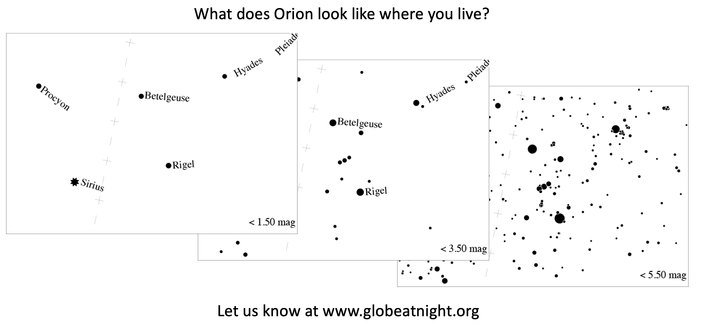 Three maps of the constellation Orion with different levels of light pollution, with the question "What does Orion look like where you live?" and a link to the project.