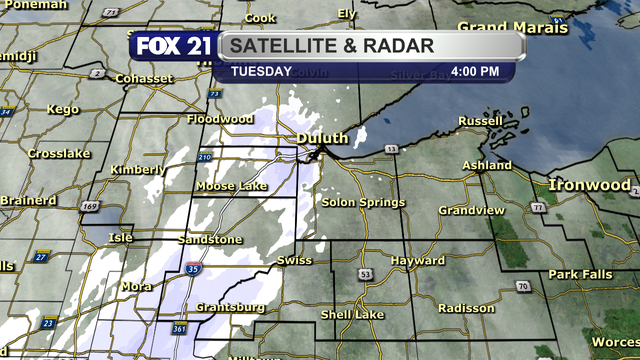 A view of the radar over the Northland at 4 p.m. on Tuesday, February 27, 2024 shows snow showers pushing northeast over the I-35 corridor and Twin Ports region.