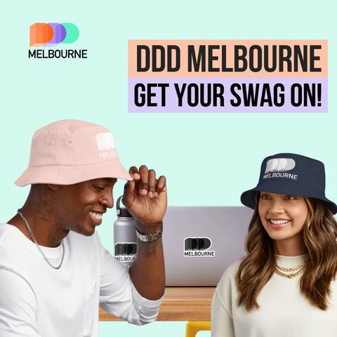 Promotional image featuring two smiling individuals wearing branded hats with the word 'MELBOURNE' on them. On the left, a man tips his pink bucket hat, and on the right, a woman wears a blue bucket hat. Between them is the text 'DDD MELBOURNE GET YOUR SWAG ON!' in bold, colorful letters. In the background, a laptop and a water bottle also display the Melbourne logo.