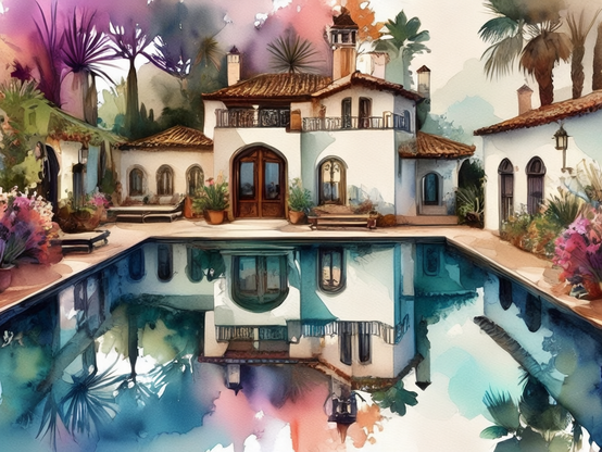 A mediterranean-style villa, perfectly reflected in a still pool, surrounded by lush tropical flora. Watercolor style.