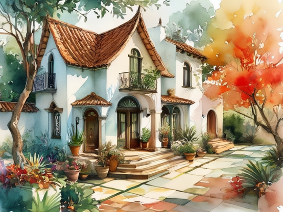 Sunny house with a terracotta roof, stone-flagged yard, vibrant flora and a red-leafed tree. Watercolor style.