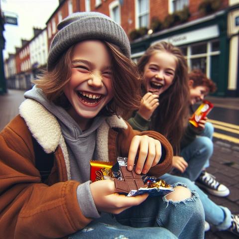 «Create by Bing Image Creator»
(Photo of a boy and girl laughing happily while sharing chocolate), (Winter Street Corner), Young boys and girls sitting and hanging out on the street in Ireland.  One of them takes chocolates out of his pocket and shares them with everyone.  She eats chocolate pieces piece by piece to stave off hunger and everyone smiles.
