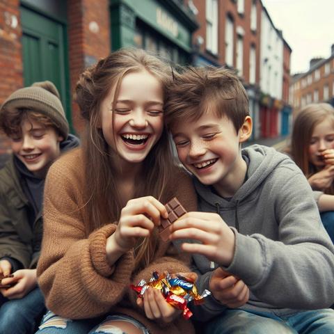 «Create by Bing Image Creator»
(Photo of a boy and girl laughing happily while sharing chocolate), (Winter Street Corner), Young boys and girls sitting and hanging out on the street in Ireland.  One of them takes chocolates out of his pocket and shares them with everyone.  She eats chocolate pieces piece by piece to stave off hunger and everyone smiles.