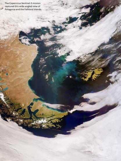 satellite image - Copernicus Sentinel-3 mission captured this wide-angled view of Patagonia and the Falkland Islands