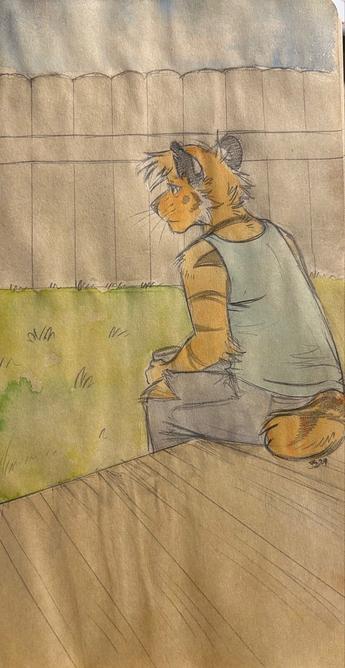 Illustration of an anthropomorphic tiger character sitting on a wooden deck with grass and a fence in the background.