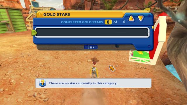 Game screenshot of the gold star menu. there are no stars to complete due to file missing. The bottom says "There are no stars currently in this category" hinting that the gold stars would have been in categories instead of the basic list.