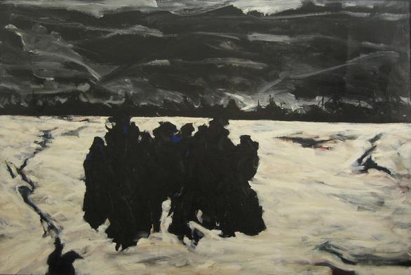 Human silhouettes on the ice, the city under dark clouds in the background