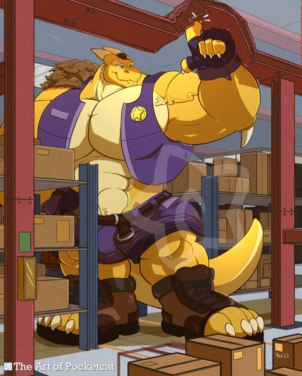 Draganta pushing up a steel beam with his macro strength to avoid hitting his head while doing warehouse work.