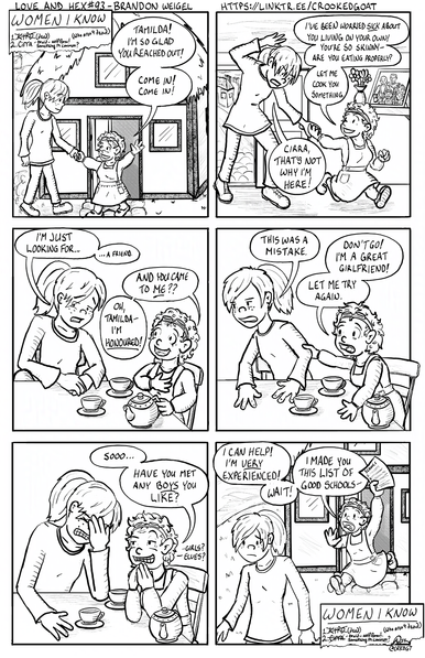 Page 93 from Love and Hex. Full transcript: http://crookedgoat.ca/comic/team-mom

Tamilda, a 12 year old girl, looks for friendship with her former adventuring companion. It doesn't work out.