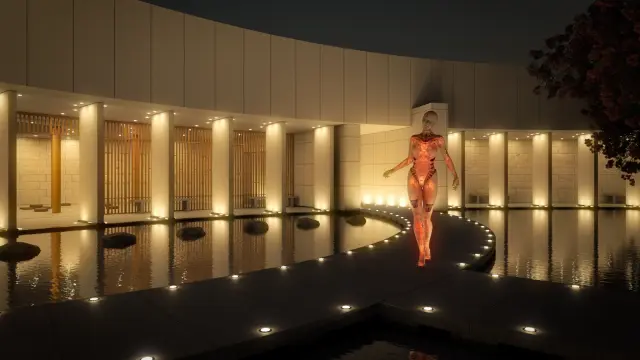 Dewscription by ChatGPT: 
This 3D render depicts a modern, serene architectural scene, possibly an entrance to a luxurious facility or residence. The setting is at dusk or dawn, where the light is soft, enhancing the tranquil atmosphere.

In the foreground, a path of dark, square stepping stones leads across a still, reflective body of water, creating a walkway that curves gently towards and around the main structure. The water is surrounded by a low wall, and several round stones are placed within it, perhaps as a decorative element or additional stepping stones.

The architecture is minimalist and elegant, with tall, slender columns supporting an overhanging curved facade that wraps around the building. Between the columns are tall, narrow windows or panels, softly illuminated from within, casting a warm glow onto the path and water.

Approaching the viewer is a translucent figure with a humanoid form, glowing in hues of orange and red, giving the impression of a welcoming presence. The figure has a smooth, almost digital appearance, reinforcing the title's suggestion to make oneself comfortable in this 'edifice.'

Flanking the walkway are recessed lights, adding to the deliberate and sophisticated design. A tree with blossoms is visible to the right, adding a touch of nature to the composition. The overall effect is one of advanced, serene luxury, inviting the viewer into a space that is both cutting-edge and peaceful.