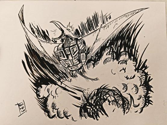Ink drawing of G1 Swoop flying through an explosion.