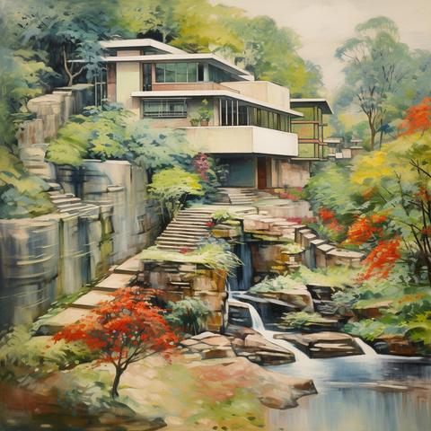 AI image of Frank Lloyd Wright's FallingWater as if it were painted by French impressionist Maurice Utrillo.