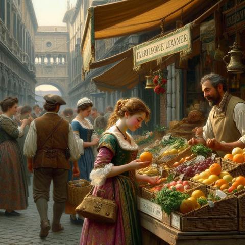 «Create by Bing Image Creator»
[Image of (Fragrances awaken memories.): Work by Diego Velazquez] A girl passing by a greengrocer at the market nostalgically picks up a Hassaku and smells its aroma.  The shop owner is busy with other customers and doesn't pay attention to his daughter who picks up her Hassaku.  You can see the atmosphere of a lively Italian port town.  (Baroque art style, oil paint)