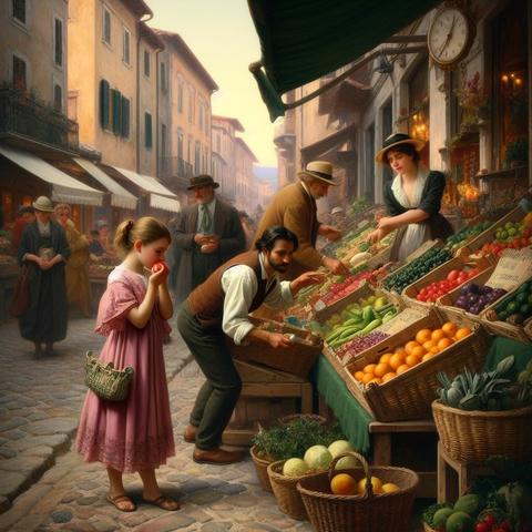 «Create by Bing Image Creator»
[Image of (Fragrances awaken memories.): Work by Diego Velazquez] A girl passing by a greengrocer at the market nostalgically picks up a Hassaku and smells its aroma.  The shop owner is busy with other customers and doesn't pay attention to his daughter who picks up her Hassaku.  You can see the atmosphere of a lively Italian port town.  (Baroque art style, oil paint)