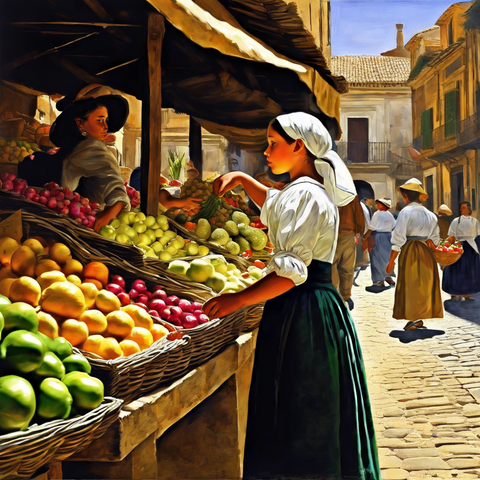 «Generated by StableDiffusionXL»
Prompt: [Image of (Fragrances awaken memories.): Work by Diego Velazquez] A girl passing by a greengrocer at the market nostalgically picks up a Hassaku and smells its aroma.  The shop owner is busy with other customers and doesn't pay attention to his daughter who picks up her Hassaku.  You can see the atmosphere of a lively Italian port town.  (Baroque art style, oil paint), fine details, Negative: low quality, ugly, Aspect: square 1:1(1024:1024), Style: Tile Texture, CFG_scale: 13, Sampler: ddim, Seed: 825681363