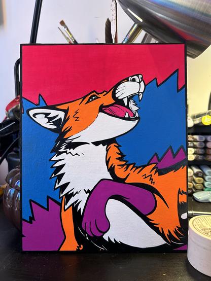 A colorful painting of a fox with a vivid pink and blue background.