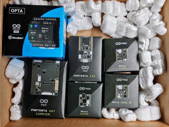 A bounty of Arduino Pro boards including the Portenta C33 and HAT Carrier, the Nicla line, and the Opta Lite PLC