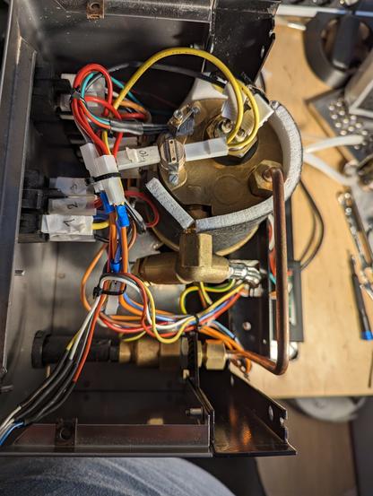 Top view of the open espresso machine, with all the cables installed for the PID controller.