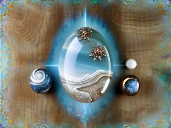 Glassy gems with swirling cool tones, on an iridescent background with a thinly-shaved overlay of nearly transparent wood. Light emanates from the largest gem.