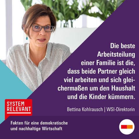 Zitat von Bettina Kohlrausch, WSI-Direktorin - Die beste Arbeitsteilung einer Familie ist die, dass beide Partner gleich viel arbeiten und sich gleichermaßen um den Haushalt und die Kinder kümmern. 

Foto: Thomas Range