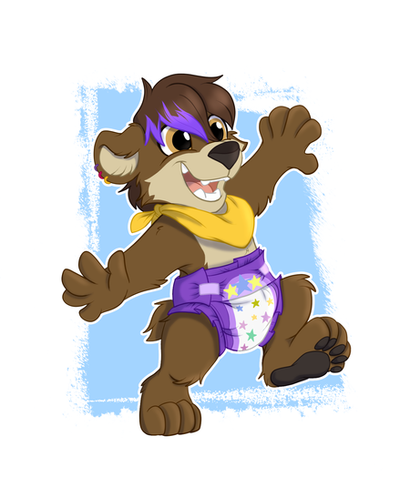 Sascha the little bearkitty is happily waddle-stomping around, arms outstretched to keep his balance and a big smile on his face.
He's only wearing a coloful diaper with a star pattern and his beloved yellow bandana.