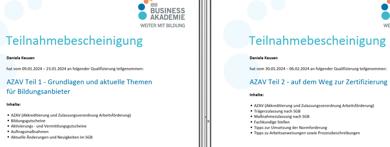 Teilnahmebescheinigungen AZAV-Trainings