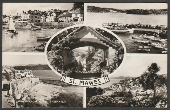 Monochrome real photographic multiview postcard showing five views of St Mawes in Cornwall, including the harbour, the quay, general view, view of the town from Tresanton Hotel and St Just in Roseland church.
Published by Valentine & Sons Ltd, Dundee & London, No L6189.
Postally used with St Mawes postmark 22 June 1959 on red 2½d stamp and sent to Warlingham, Surrey.
Good condition, with very slight corner bumps.