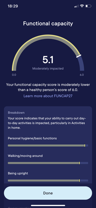 A screenshot of the visible app showing my functional capacity score of 5.1 (a healthy persons functional score is 6). With a visual breakdown of each of the categories used to measure it.