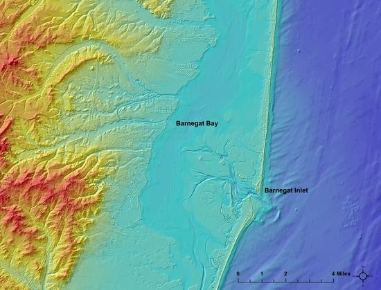 image/model - coloured - coastal topobathy, Barnegat Bay